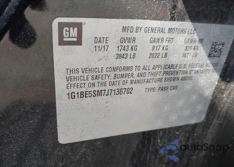 2018 Chevrolet Cruze Lt Auto z USA, uszkodzony, nr VIN 1G1BE5SM7J7136702